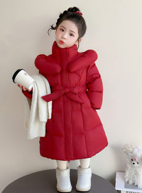 女童羽绒服冬季2026新款儿童加厚女宝宝冬装红色中长款拜年服外套