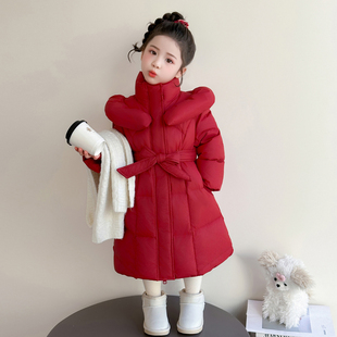 女童羽绒服冬季2025新款儿童加厚女宝宝冬装红色中长款拜年服外套