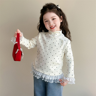 女童加绒打底衫秋冬季2026新款儿童内搭波点女宝宝一体绒加厚上衣