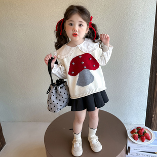女童春秋针织马甲2026新款儿童女宝宝春季外穿毛衣蘑菇小女孩背心