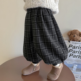 一体绒加厚外穿女宝宝儿童咖格休闲裤 2025新款 子秋冬装 女童加绒裤