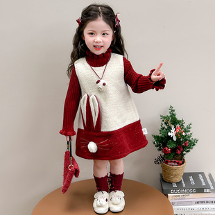 女童连衣裙秋冬季2026新款儿童宝宝红色兔耳新年过年拜年服裙子