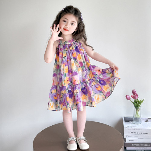 女童吊带裙夏季2026新款儿童紫花连衣裙薄款公主裙女宝宝碎花夏装