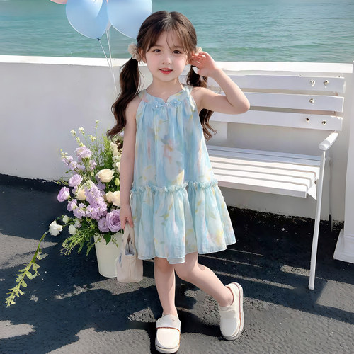 女童夏装碎花网纱吊带公主裙