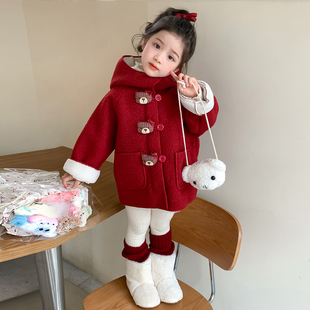 女童冬装中长款外套儿童洋气连帽毛毛衣小女孩加绒加厚红色过