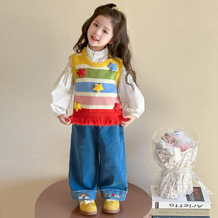 女童套装春秋2026新款儿童洋气春季时髦女宝宝彩虹三件套春装春秋
