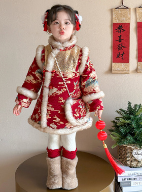 女童连衣裙国风冬季宝宝冬装红色新年亮片儿童过年拜年服旗袍裙子