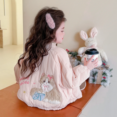女童加厚外套2025新款秋冬季女宝宝薄棉夹棉儿童加棉初冬上衣猫咪