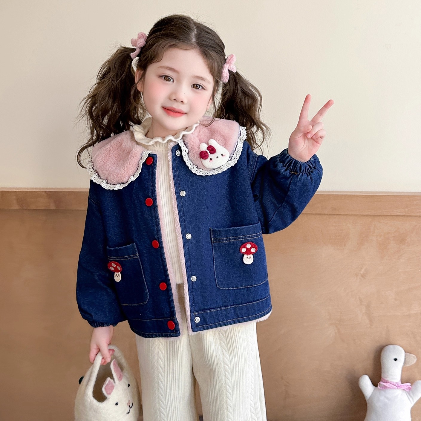 女童牛仔外套秋冬季加绒加厚2025新款儿童夹克女宝宝猫咪初冬上衣