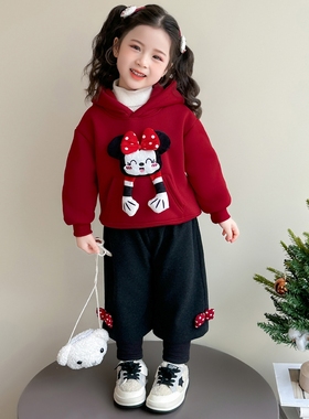 女童米妮拜年服红色冬装2026新款儿童时髦女宝宝洋气过年衣服套装