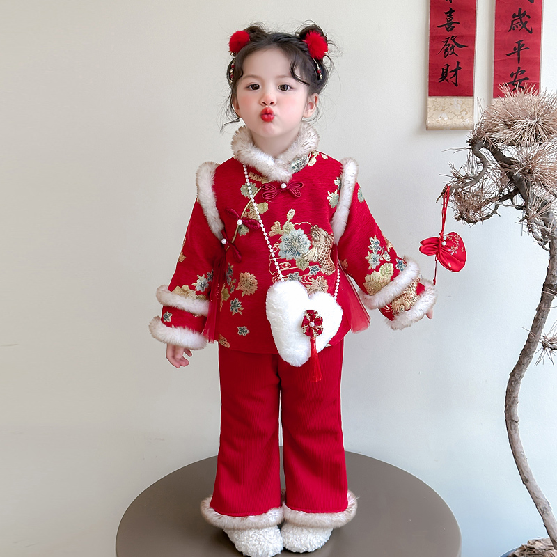 女童冬季中国风唐装锦鲤加厚过年衣服儿童女宝宝喜庆新年装拜年服