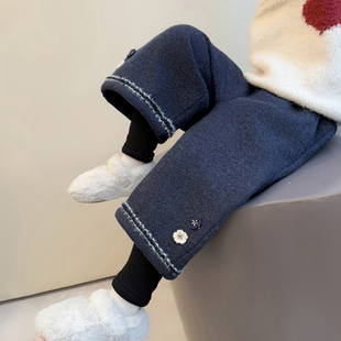 加厚绒女童裤子女宝宝2025新款儿童秋冬季假两件一体绒加绒直筒裤