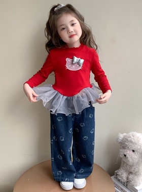 女童长袖春秋装2025新款儿童猫咪上衣打底衫红色宝宝秋季T恤内搭