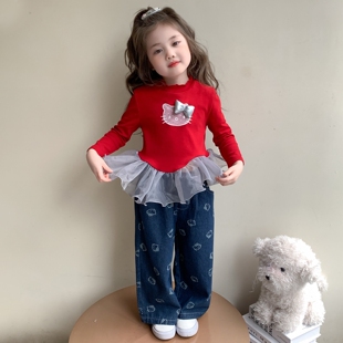 女童长袖春装2026新款儿童猫咪上衣打底衫红色宝宝春季T恤春秋款
