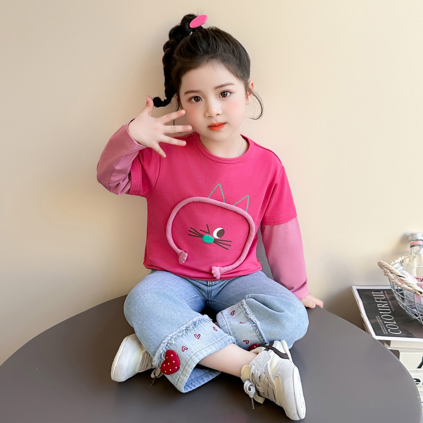 女童春秋款猫咪长袖打底衫2026新款儿童春装全棉百搭上衣宝宝T恤