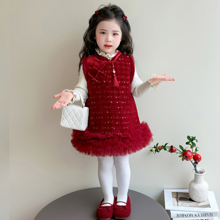 女童连衣裙儿童过年衣服拜年服闪亮中国风红色女宝宝旗袍裙子冬装