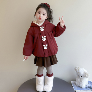 女童夹棉加厚外套兔子秋冬季红色加棉2025宝宝新款儿童初冬装加绒