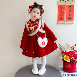 女童爱心连衣裙红色秋冬装儿童冬季拜年服过年喜庆新年女宝宝裙子