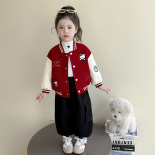 女童加厚套装初冬装2026新款洋气儿童秋冬季女宝宝加绒棒球服猫咪
