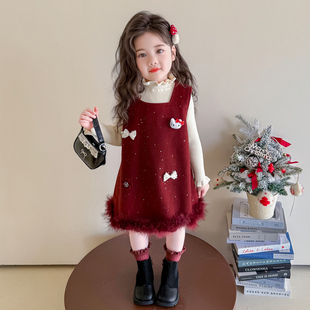 女童连衣裙猫咪儿童秋冬季过年拜年服喜庆新年红色女宝宝裙子冬装