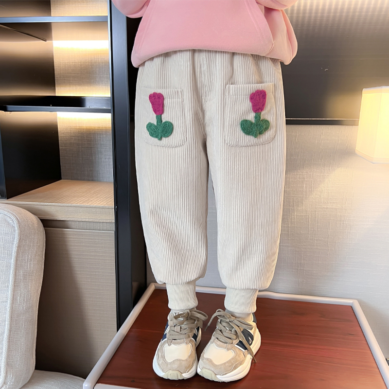 女童秋冬加绒运动裤子外穿儿童灯芯绒宽松一体绒3岁5女宝宝秋冬装