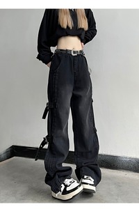 夏季美式高街vibe风绑带水洗休闲牛仔裤女阔腿裤DS-B247-K68-P62