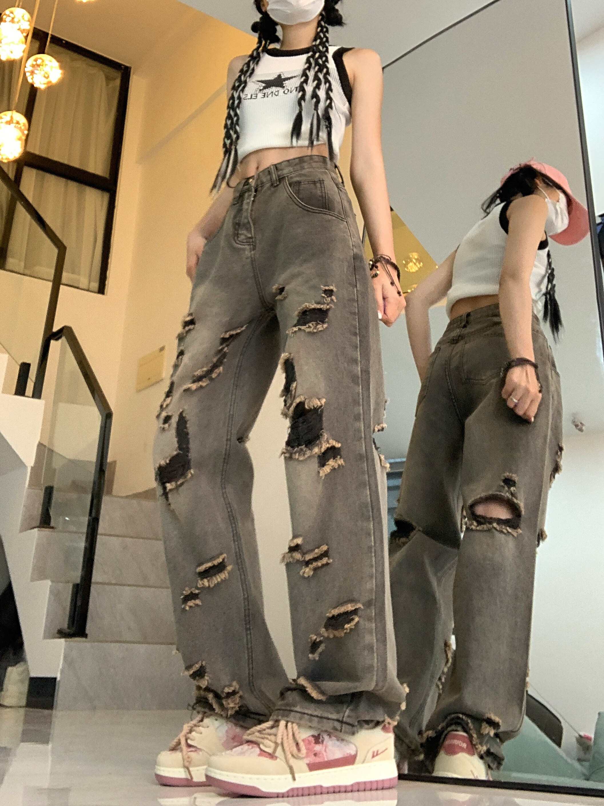 夏季美式破洞牛仔裤女高街宽松直筒阔腿拖地长裤DS-B247-K60-P54,男装牛仔裤,电商B247