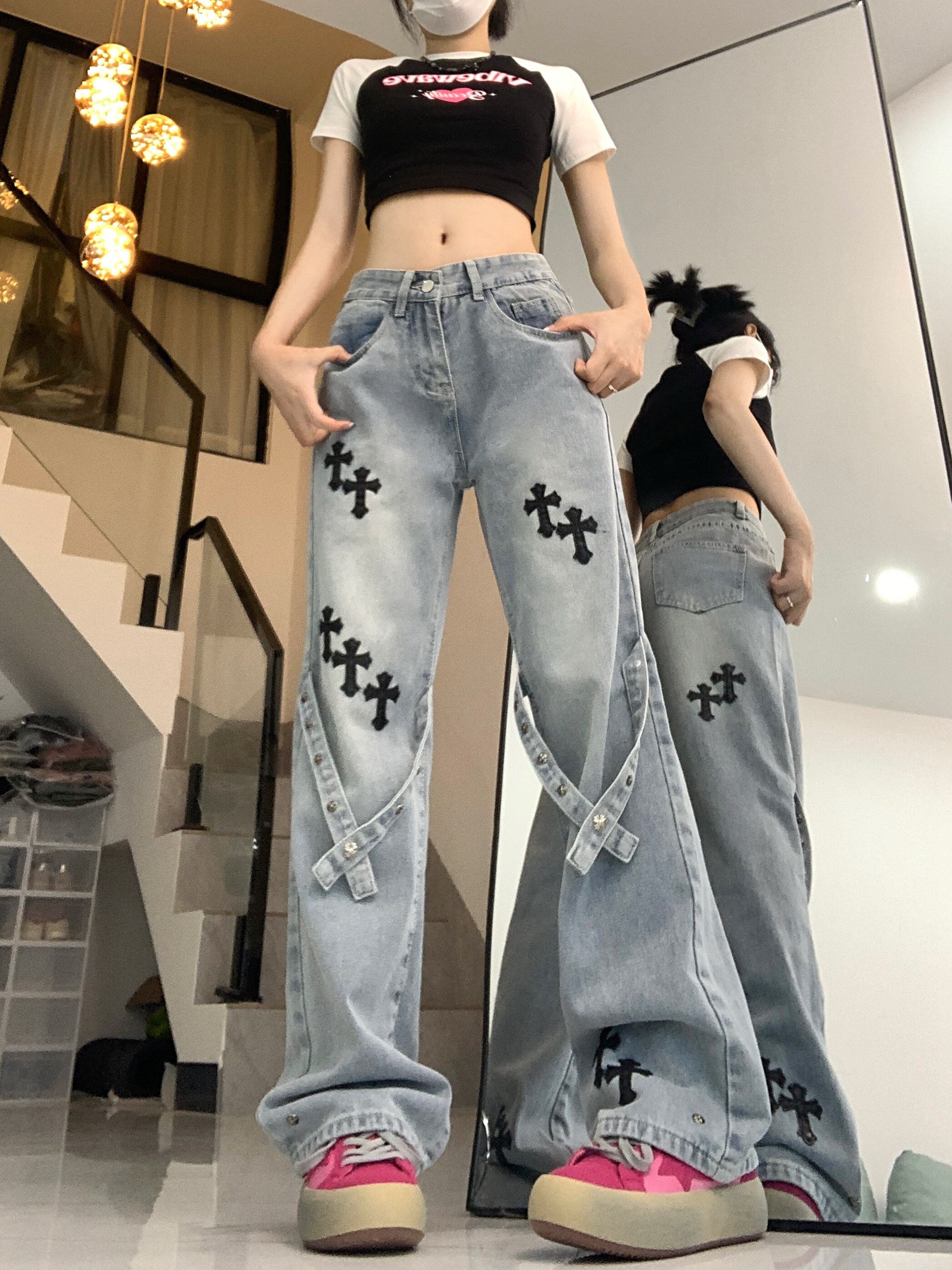 夏季十字架贴布牛仔裤男女直筒宽松阔腿裤DS-B247-K88-P65,男装牛仔裤,电商B247