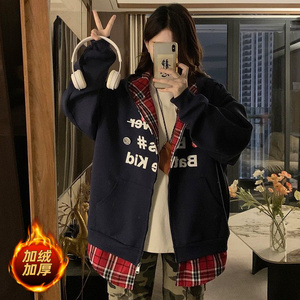 美式假两件拼接格子连帽卫衣情侣开衫外套DS-B247-51991-P76图片