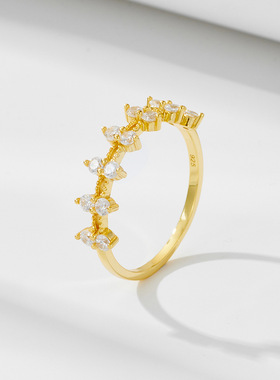 s925纯银镀金锆石戒指女欧美跨境新款小众设计高级感轻奢ins指环