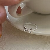S925纯银蝴蝶结戒指女ins风少女心小众高级感气质百搭麻花食指环