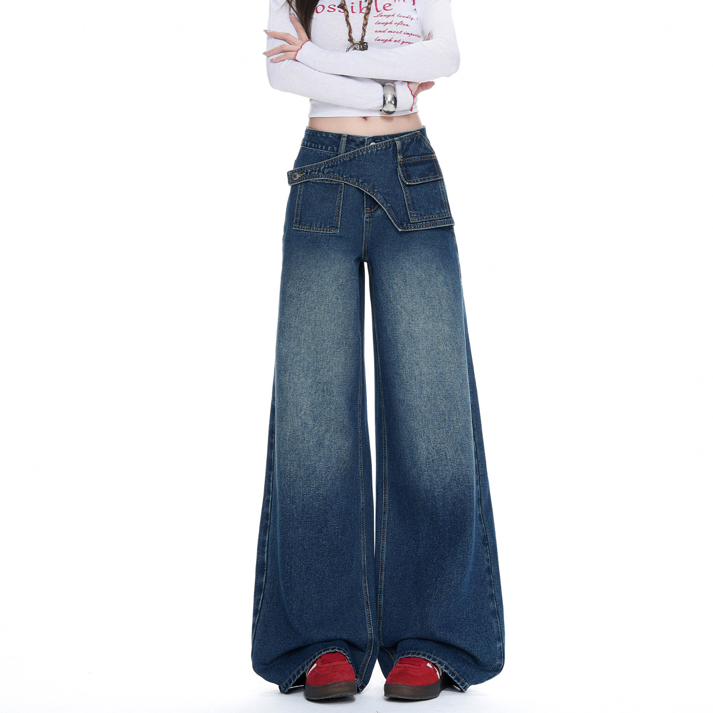 美式复古不规则斜扣阔腿牛仔裤女2026夏季新款个性小众直筒拖地裤