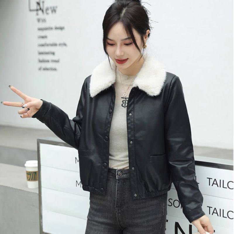 加绒加厚皮衣外套女短款冬季新款小个子黑色加棉爆款PU皮百搭夹克