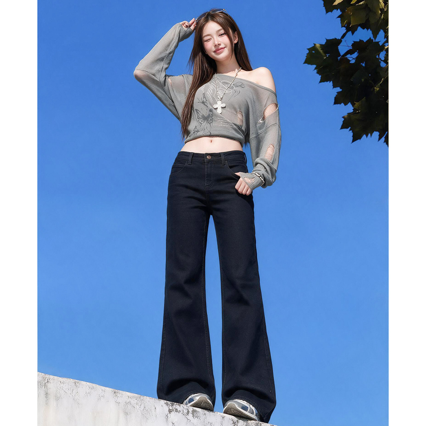 黑色中低腰阔腿直筒牛仔裤女宽松2026秋装新款爆款窄版微喇拖地裤