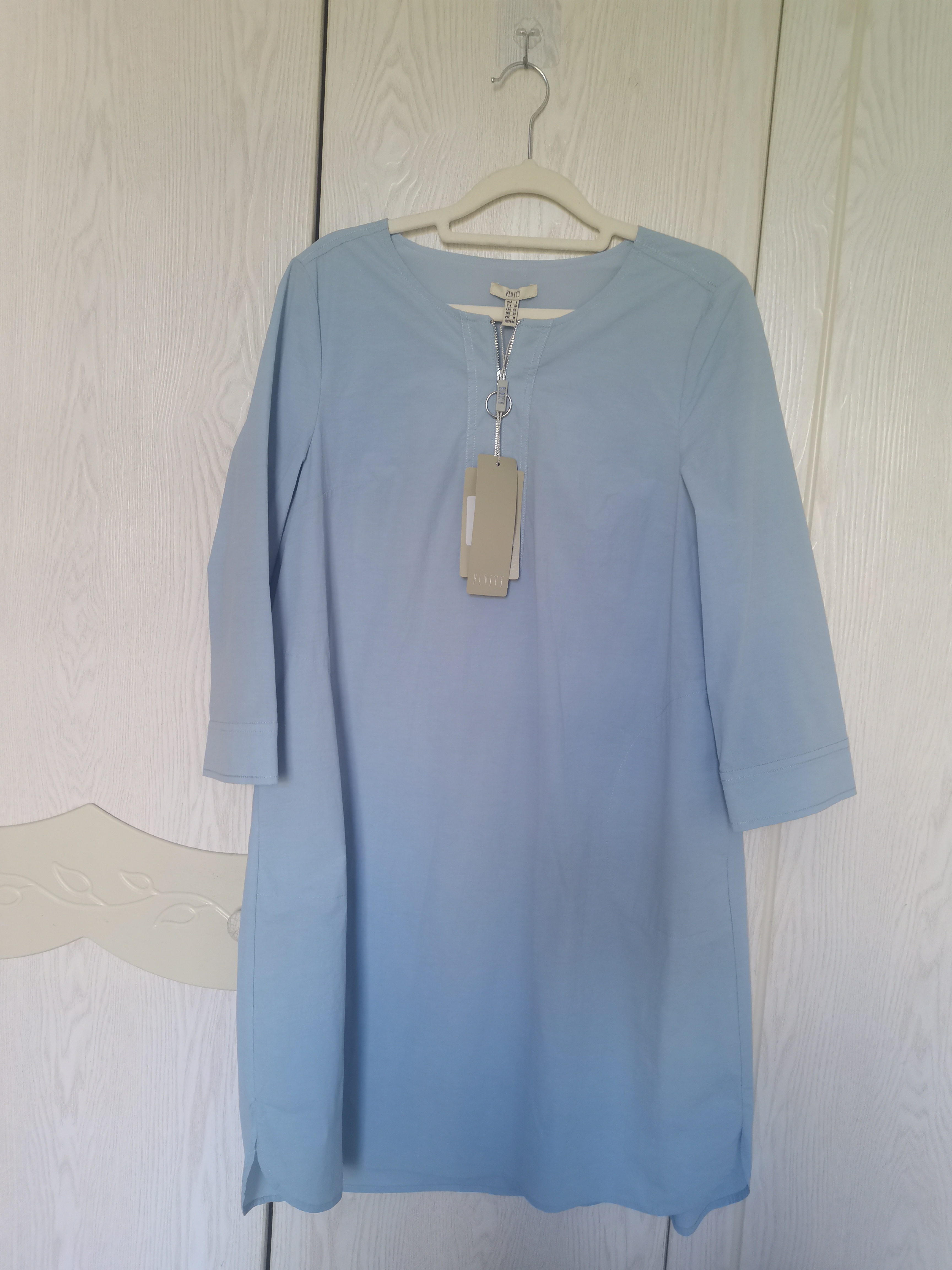 菲妮迪风蓝色直筒连衣裙中码修身显瘦显气色七分袖