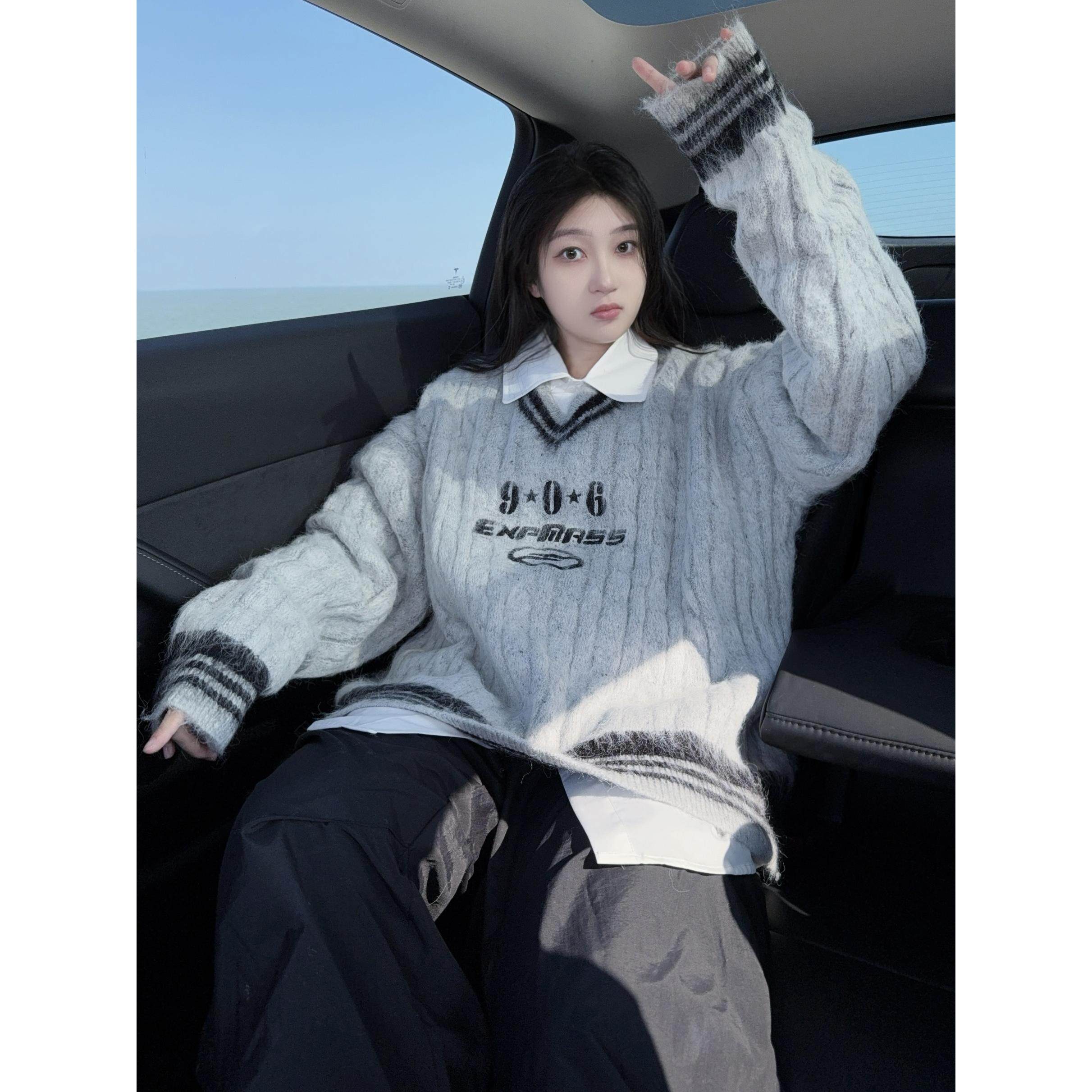 DYXY美式高街oversize复古宽松慵懒感V领毛衣女麻花学院风24冬季