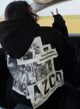 DYXY美式高街破坏风贴布设计感宽松加绒连帽卫衣oversize秋冬帽衫