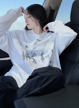 DYXY美式高街oversize小众人影印花设计感长袖T恤圆领上衣ins男女