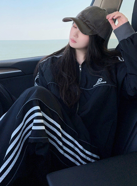 DYXY美式复古运动风三条杠套装情侣冬季宽松拉链外套运动穿搭小众