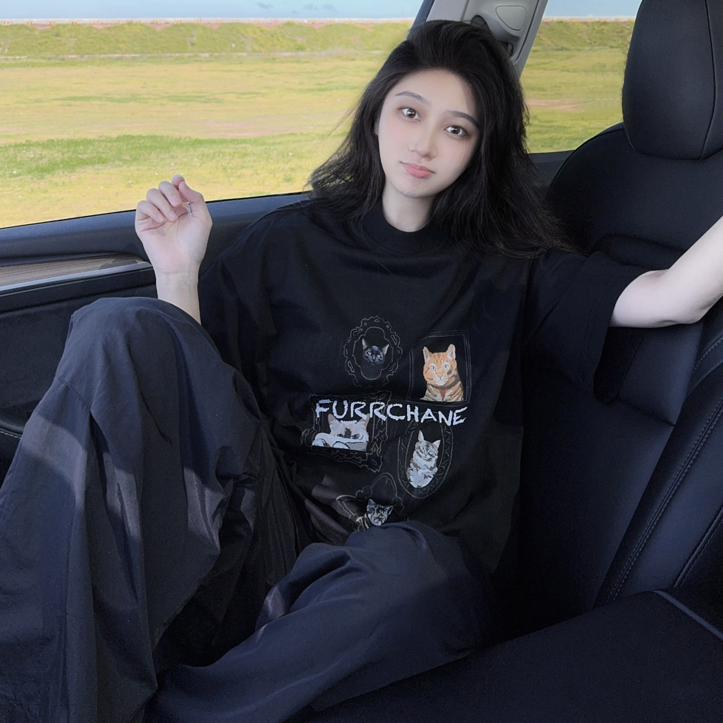DYXY美式高街相框猫猫印花设计感短袖T恤原创设计感上衣ins潮复古