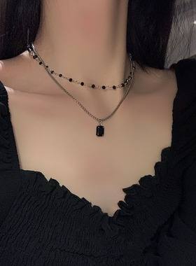 甜酷黑色宝石双层叠戴项链女小众设计感锁骨链辣妹颈链潮配饰