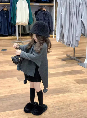 韩版童装女童灰色时髦针织毛球斗篷宽松披肩毛衣加厚毛线洋气女宝