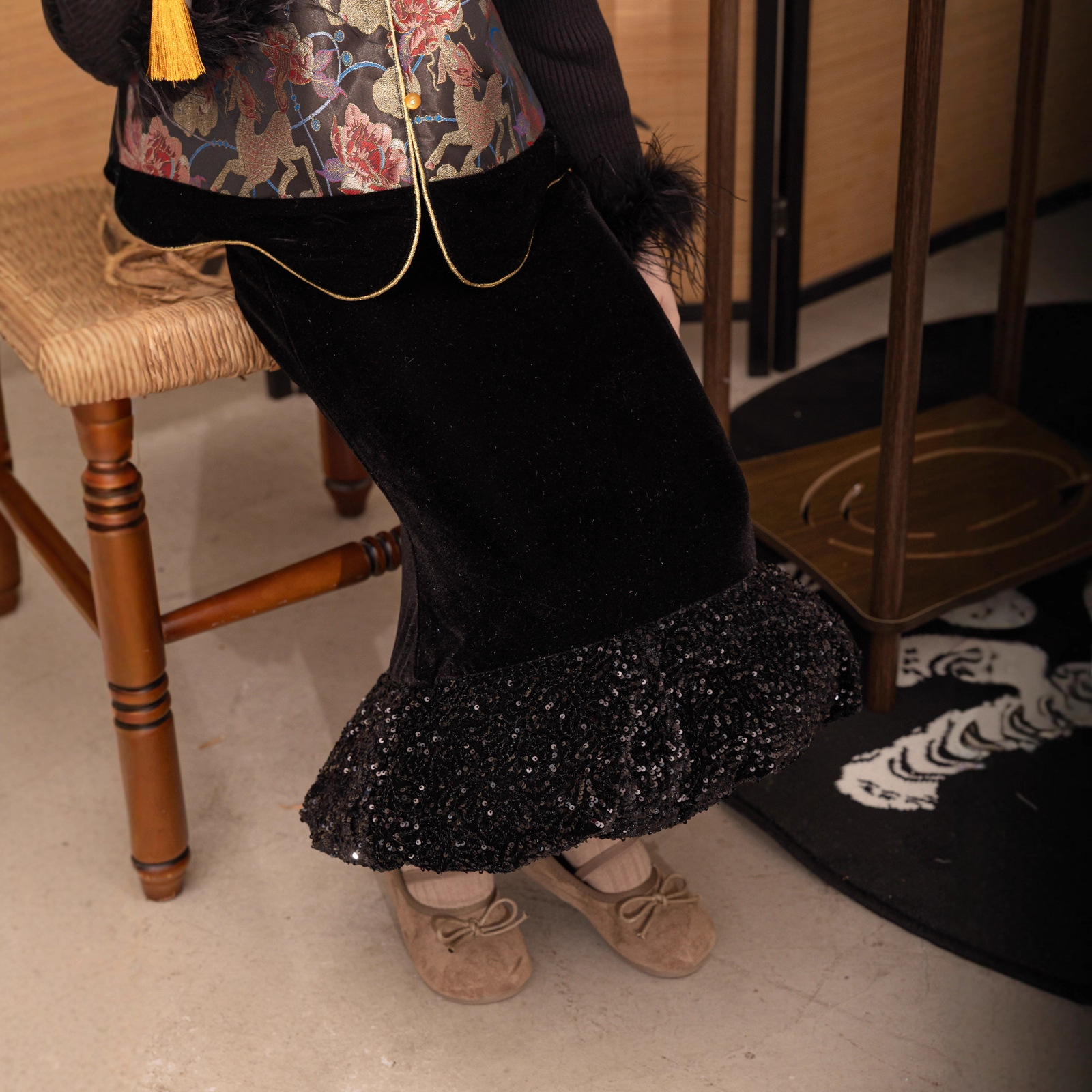 女童冬季新中式订钻丝绒鱼尾裙