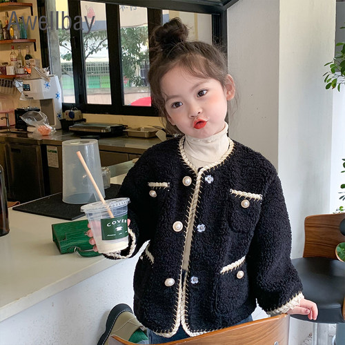 女童小香风外套2025春季羊羔毛加绒加厚儿童小童洋气女宝宝大衣