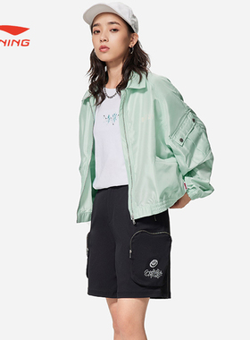 李宁反伍BADFIVE女子休闲外套宽松型字母印花运动服AFDS358-1-B品