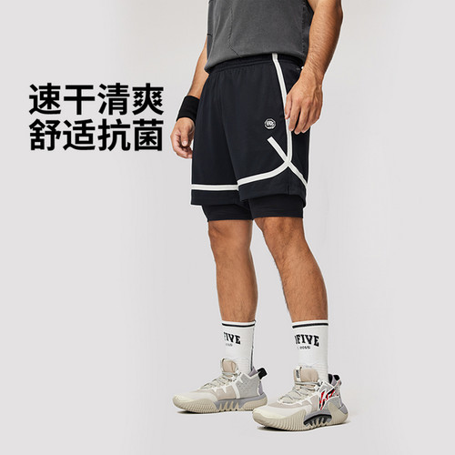 李宁反伍BADFIVE男子速干凉爽高弹舒适2合1运动短裤AKSU701-B品