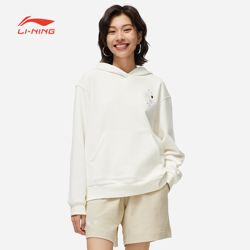 李宁卫衣女冬季运动时尚系列加绒宽松套头连帽卫衣AWDT820-1-B品