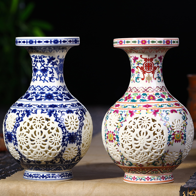 景德镇陶瓷器青花瓷镂空花瓶插花现代中式客厅家居装饰品酒柜摆件,家居饰品,花瓶,淘宝优惠券,粉丝福利购,淘宝优惠卷