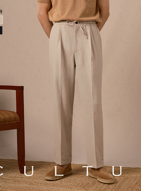 CULTUM NAPOLI 春夏轻薄透气泡泡纱单褶免烫抽绳西裤男士休闲长裤