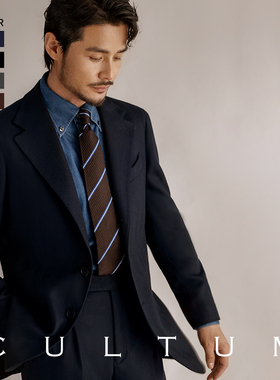 CULTUM冬季加厚600g重精纺拉绒人字纹西服套装男那不勒斯休闲西装